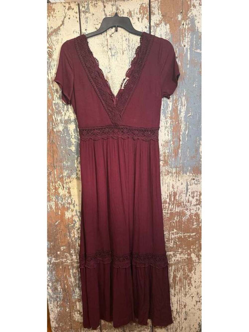 Altar'd State Women's Burgundy Crochet Lace V-Neck Boho Maxi Dress size Large